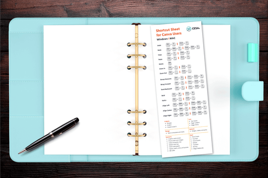 Open turquoise binder on a dark wood table, holds blank pages. A printed Canva shortcut sheet with text and icons leans against the binder. Nearby, a pen.
