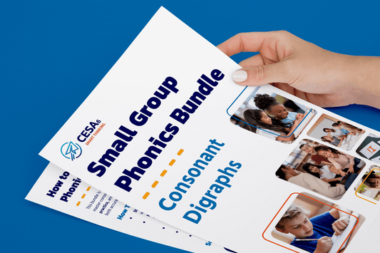 A hand holds educational brochures titled "Small Group Phonics Bundle" and "Consonant Digraphs." Images of children learning create an encouraging tone.