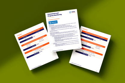 Three documents on a green background show assessment and progress monitoring details. The central page features "Assessment and Progress Monitoring." The surrounding pages display data tables with bold orange and blue headers focused on Diagraphs "ch" and "ng."