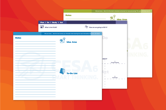 Three colorful Smart Thinking notepad pages are shown with sections for notes, idea area, to-do lists, and a Plan-Do-Study-Act grid.