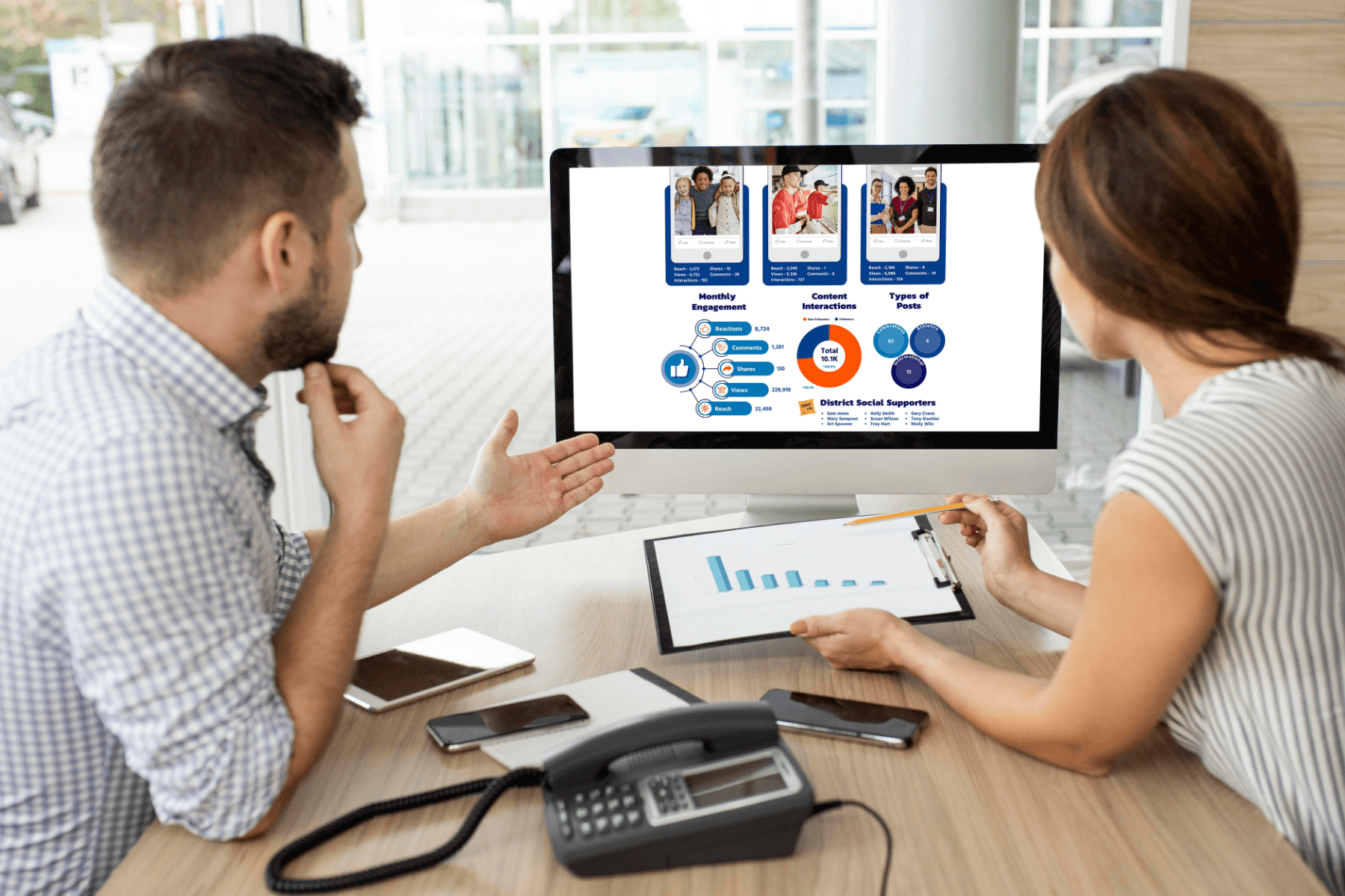 A man and woman discuss data displayed on a desktop screen showing graphs and charts. The setting is an office with a focused, collaborative atmosphere.