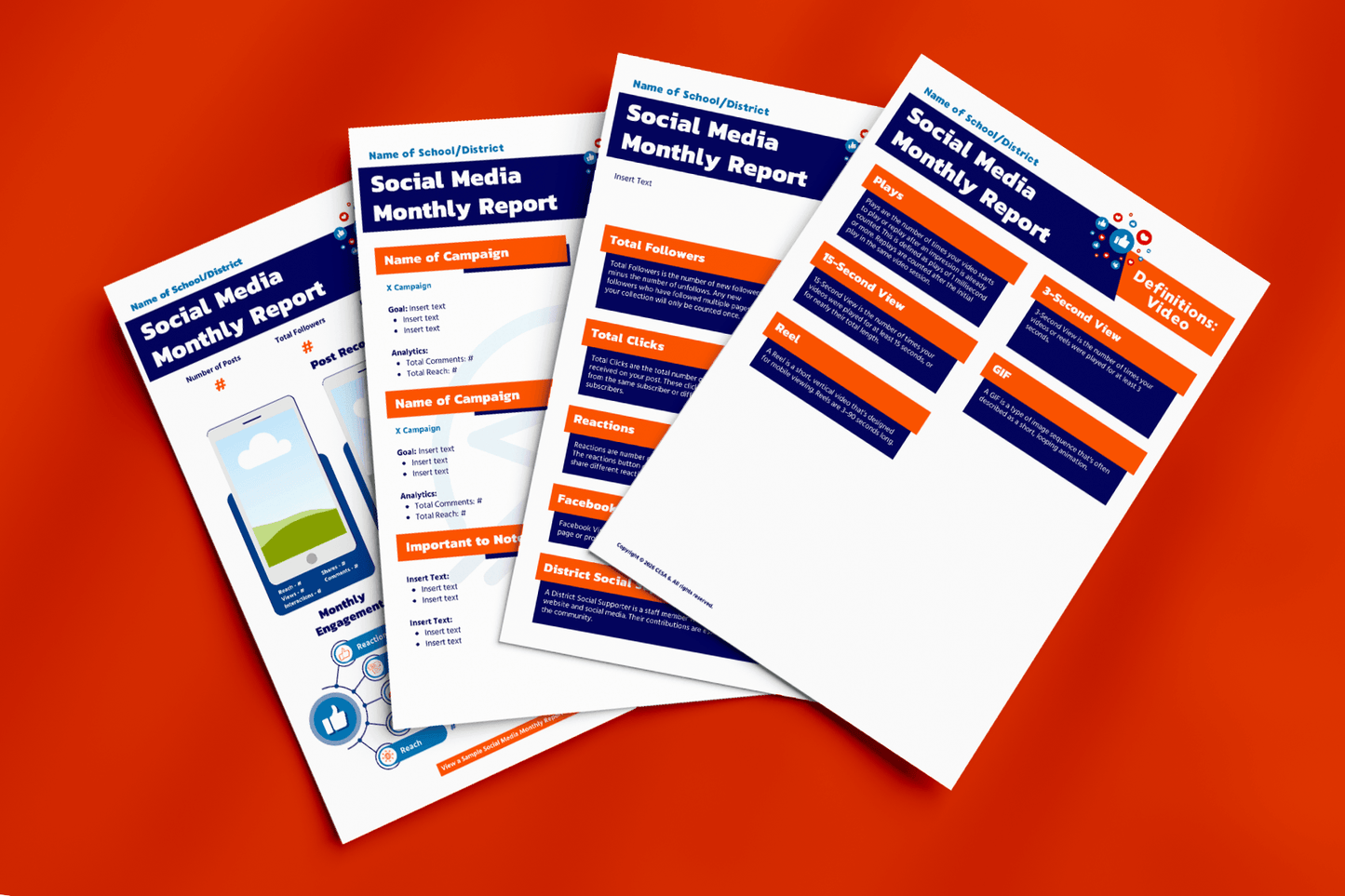 Three social media monthly reports for a school district on a bright orange background. Each sheet contains charts and data in blue, orange, and white.