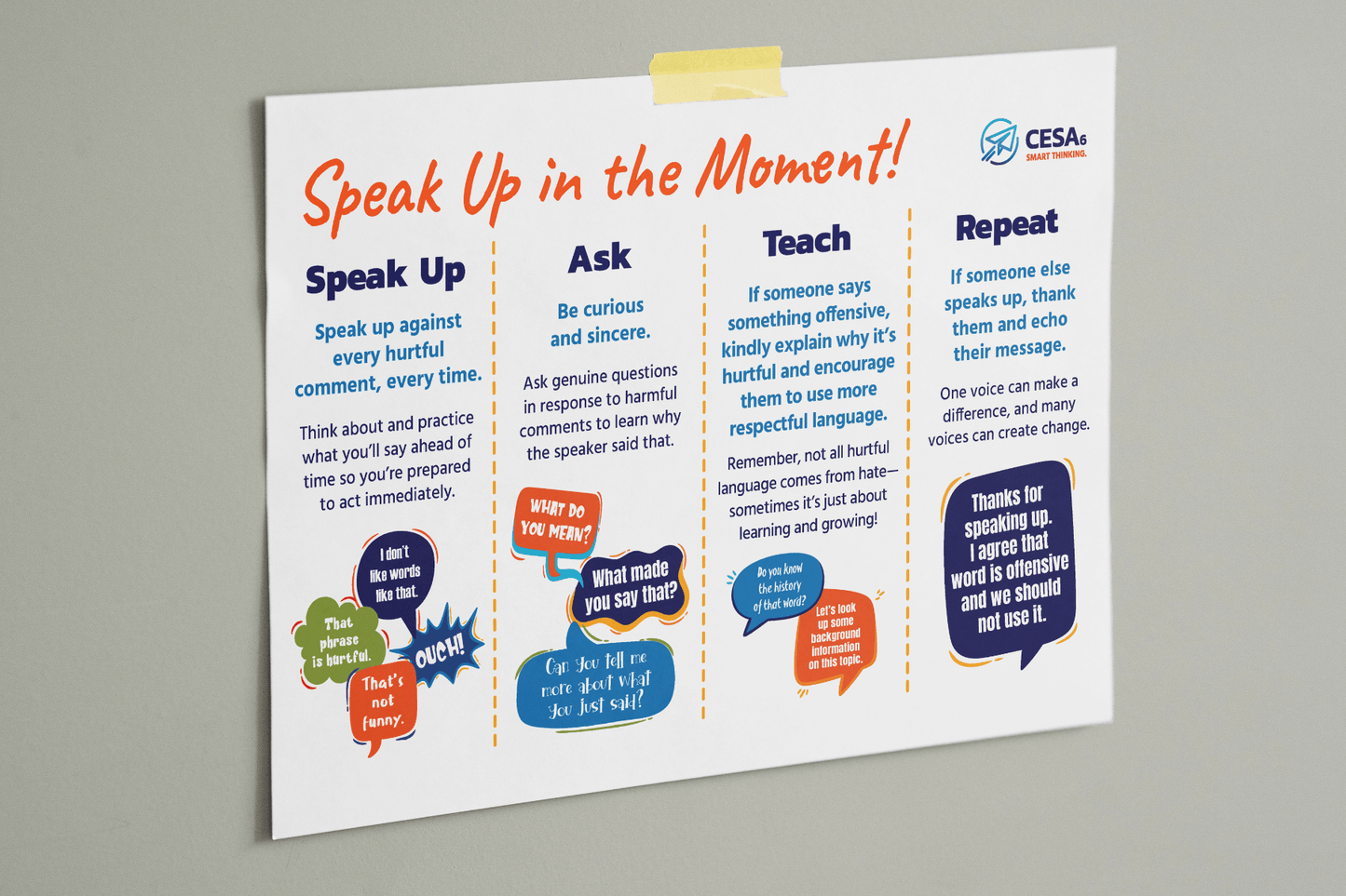 Educational posters titled 'Speak Up in the Moment!' designed for secondary students. The materials feature high-contrast text, clear fonts, and structured sections encouraging students to Speak Up, Ask, Teach, and Repeat in conversations.