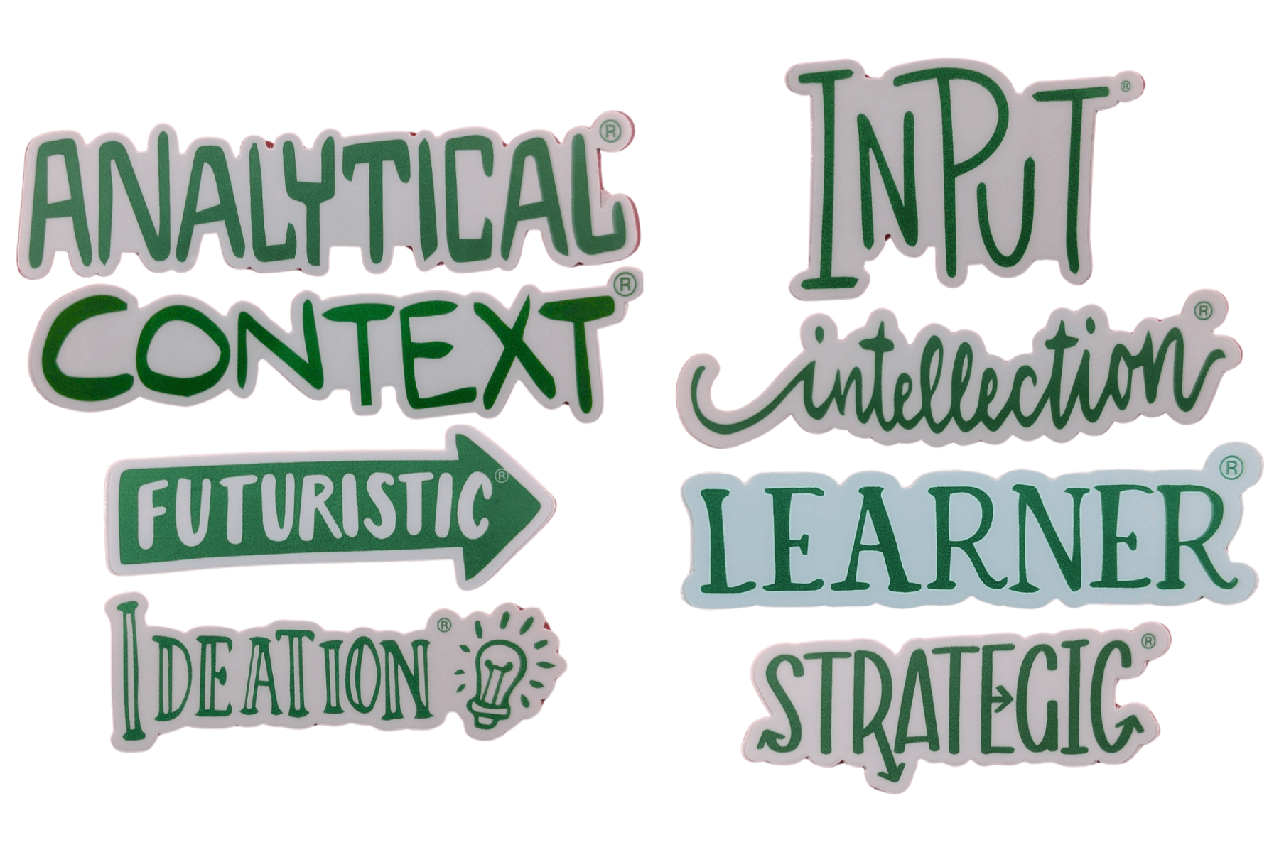 All 8 Strategic Thinking Clifton Strengths Themed Stickers are presented in green and include Analytical®, Context®, Futuristic®, Ideation®, Input®, Intellection®, Learner®, and Strategic®.