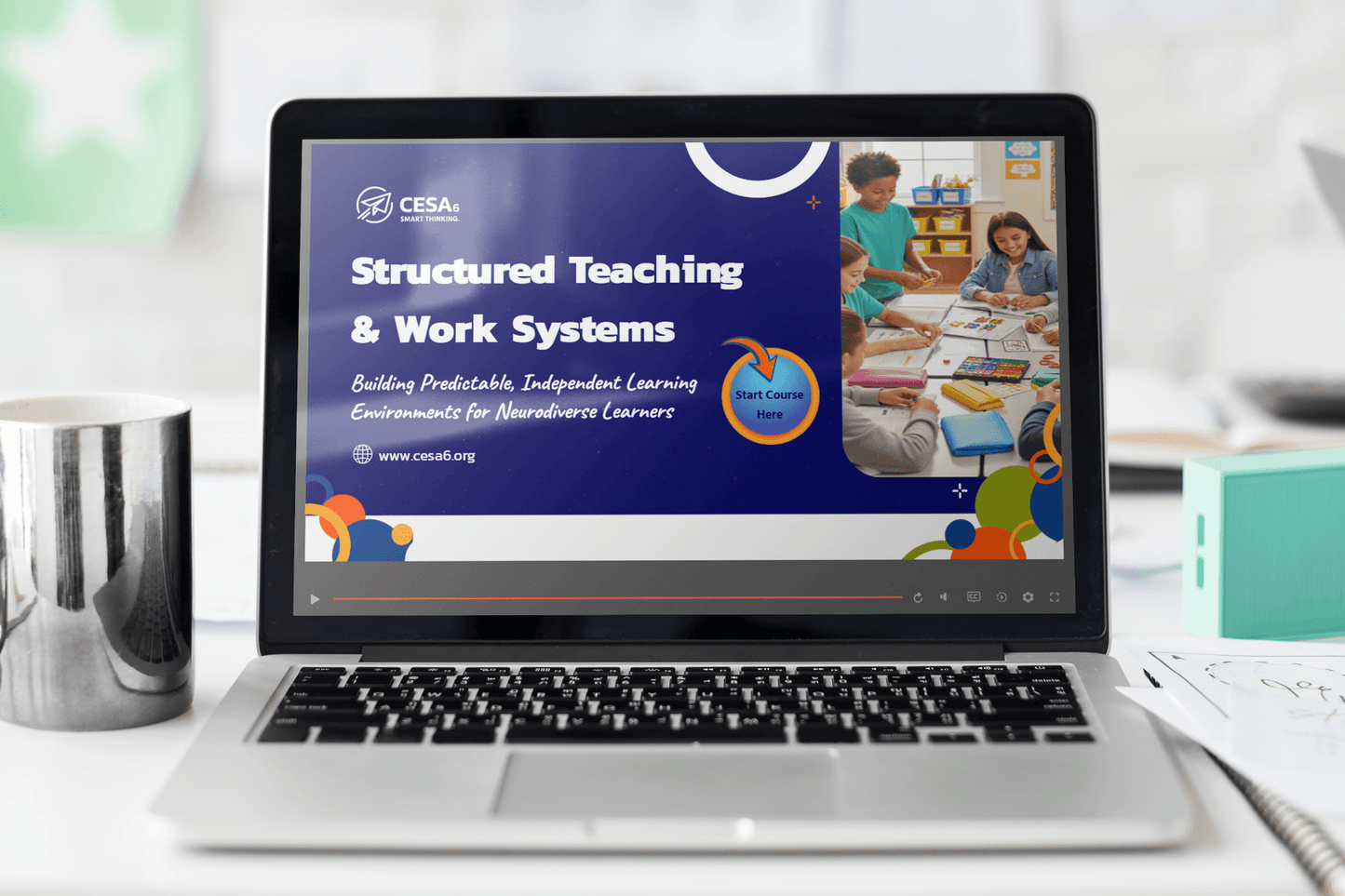 A laptop displays a webpage titled "Structured Teaching & Work Systems," focused on neurodiverse learning. A photo shows children engaged in activities.