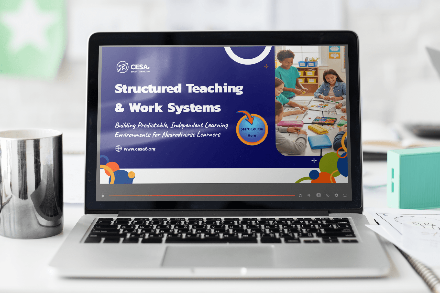 A laptop displays a webpage titled "Structured Teaching & Work Systems," focused on neurodiverse learning. A photo shows children engaged in activities.