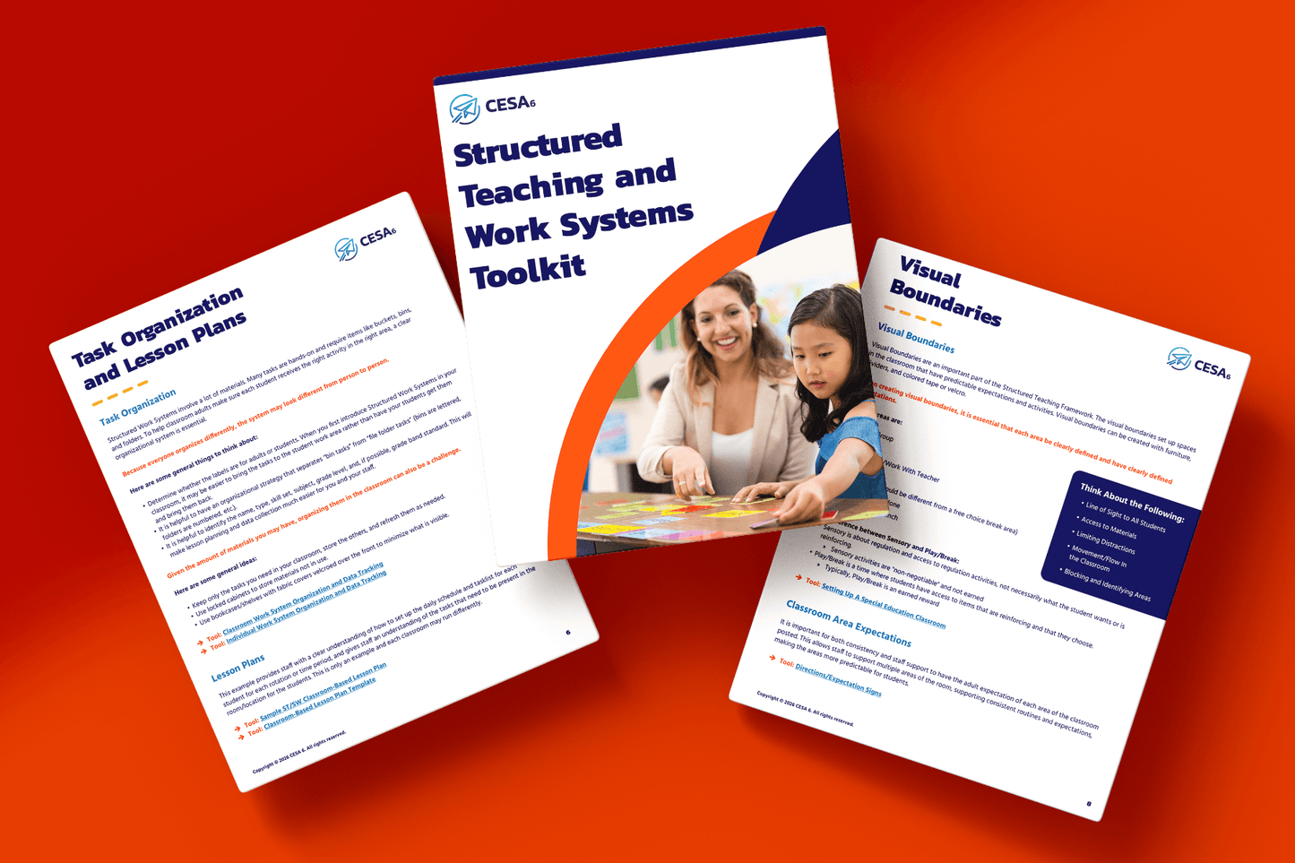 Three educational booklet pages on an orange background. Center features a cover with a teacher and student. Side pages detail lesson plans and visual boundaries.