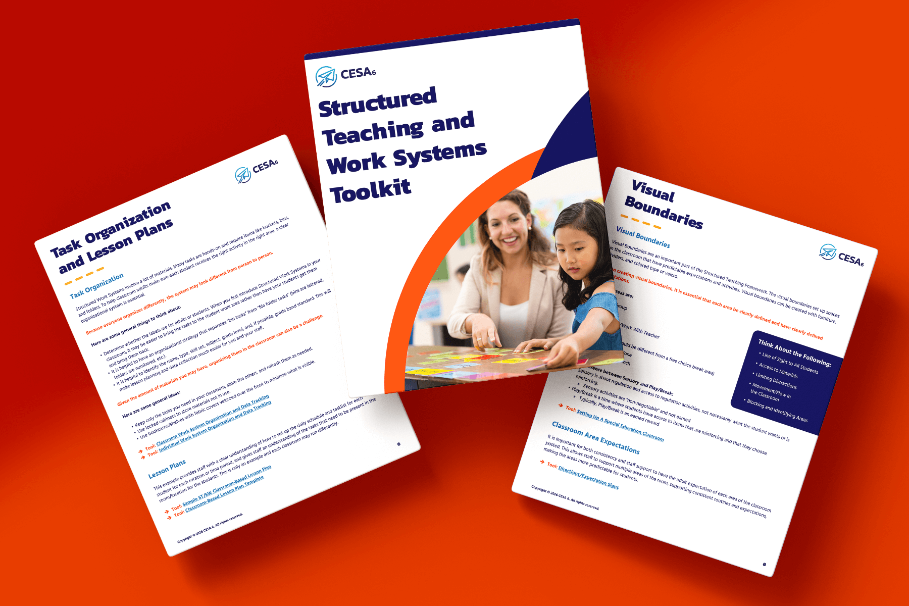 Three educational booklet pages on an orange background. Center features a cover with a teacher and student. Side pages detail lesson plans and visual boundaries.