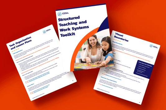 Three educational booklet pages on an orange background. Center features a cover with a teacher and student. Side pages detail lesson plans and visual boundaries.