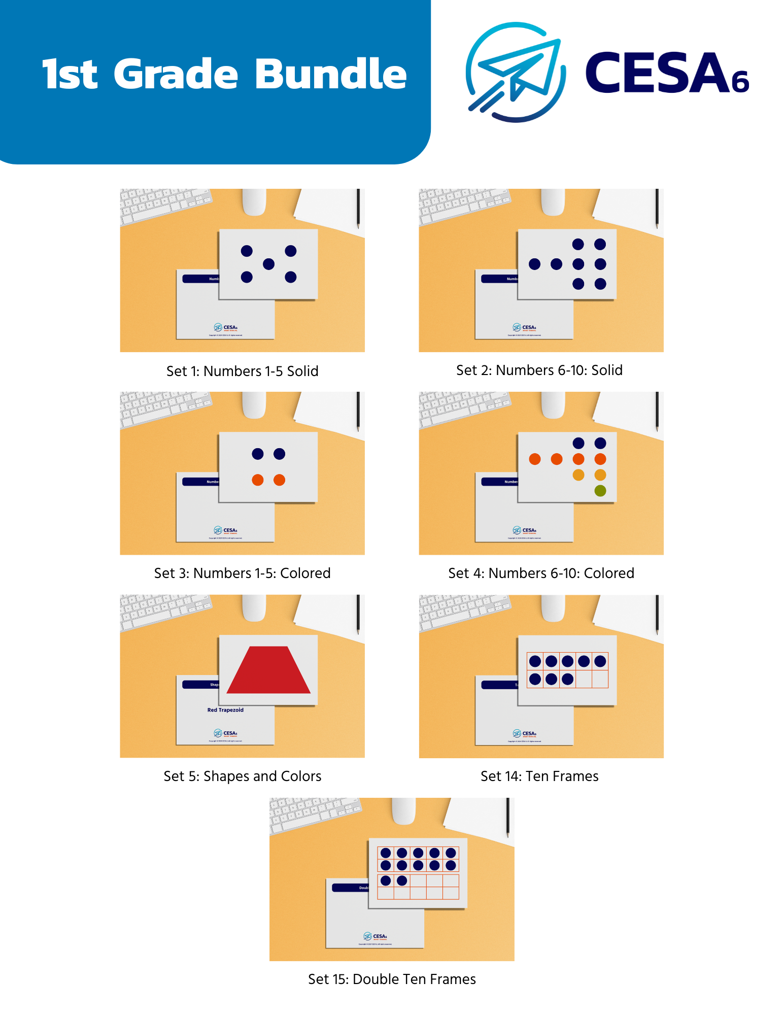 Educational Subitizing Cards for first grade featuring number and shape activities. Includes sets for numbers, ten frames, shapes, and colors.