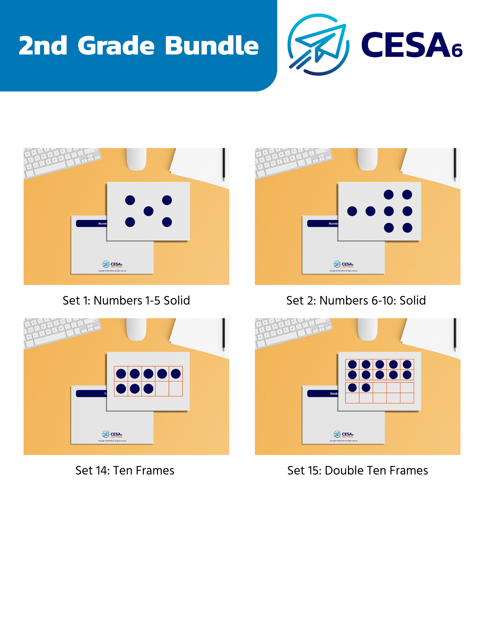 Educational Subitizing Cards for 2nd grade featuring the CESA 6 logo. Four sections display math sets: Numbers 1-5 Solid, Numbers 6-10 Solid, Ten Frames, and Double Ten Frames.