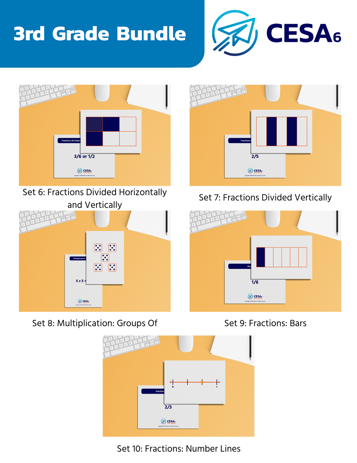 Educational Subitizing Cards display of the "3rd Grade Bundle" by CESA 6. Five math sets: two on fractions with diagrams, one on multiplication with dice, one with fraction bars, and one on number lines.