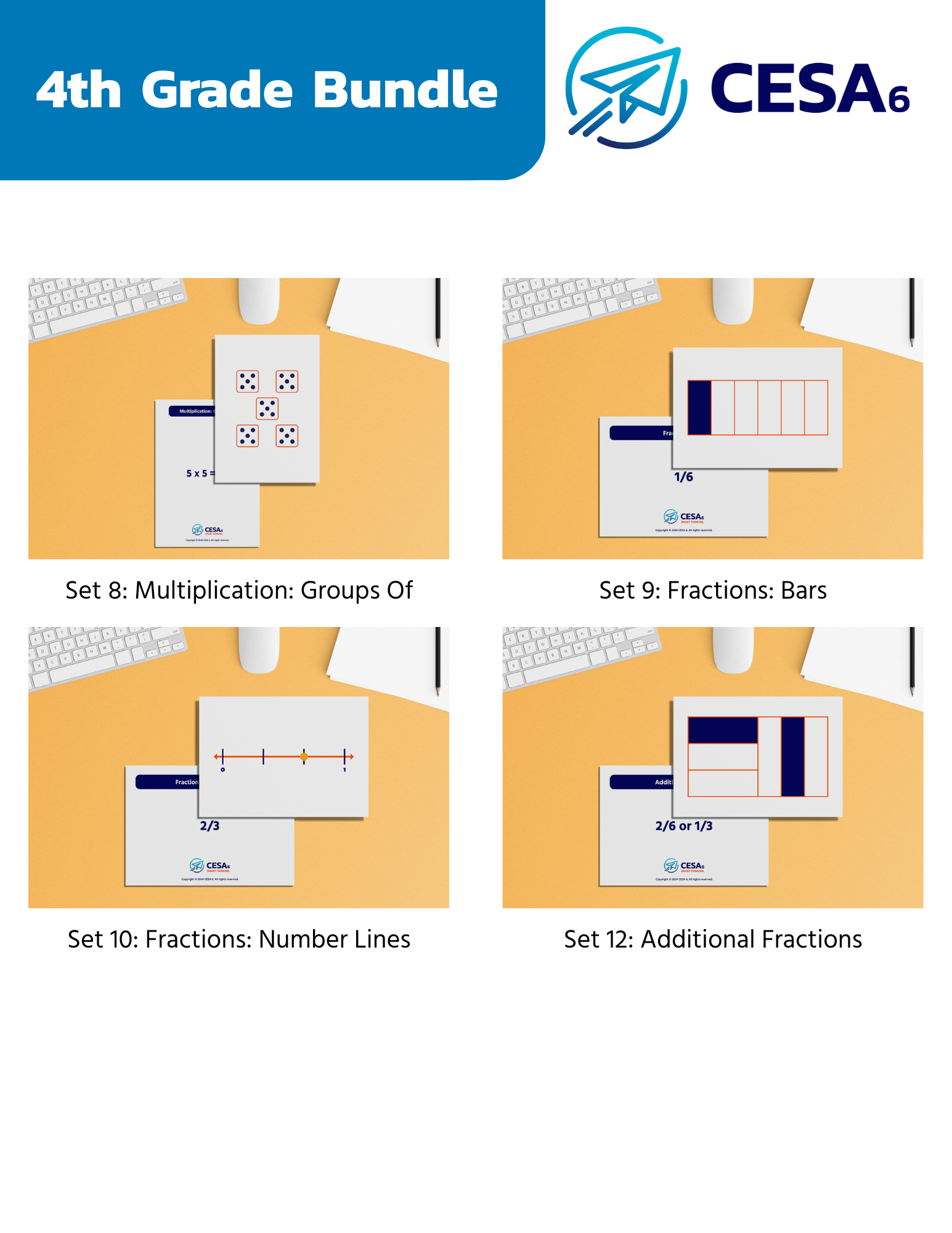 Educational Subitizing Cards display of the "4th Grade Bundle" by CESA 6. Includes: Multiplication groups, fraction bars, number lines, and additional fractions.