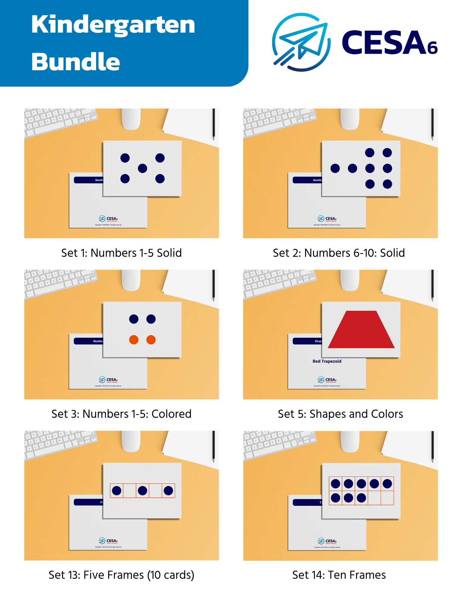 Educational Subitizing Cards display of the "5th Grade Bundle" by CESA 6. Sets display solid and colored numbers, shapes and colors, five frames, and ten frames