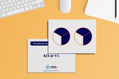 Educational flashcards demonstrating mixed numbers and fractions greater than one. The image visually represents 4/3 or 1 1/3 using two circle models, each divided into three equal parts, with four sections shaded to illustrate the fraction concept.