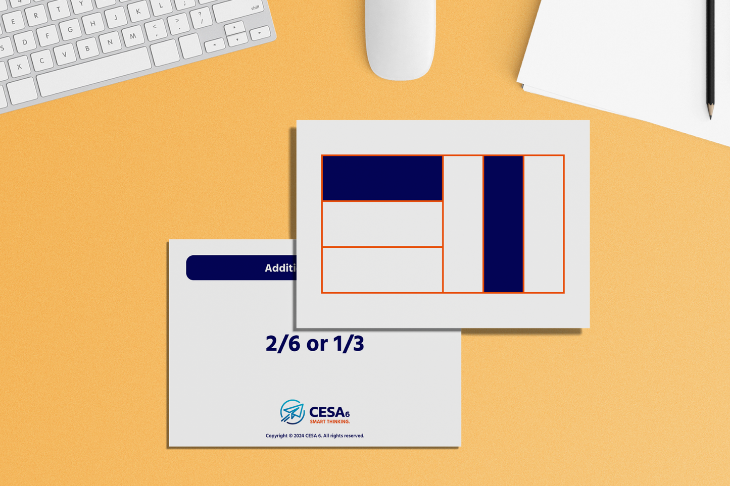 Educational flashcards illustrating additional fractions. The image depicts a fraction model showcasing 2/6 or 1/3 using a rectangular grid divided into six equal sections, with two sections shaded to visually represent the fraction concept.