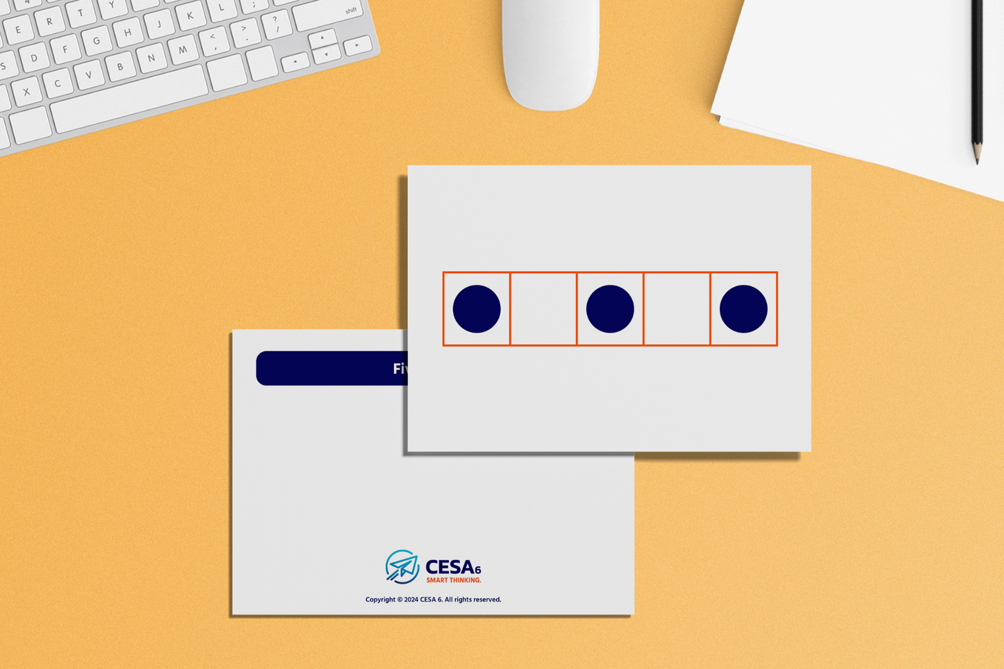 Educational flashcards featuring a five-frame model for early math learning. The image showcases a rectangular grid divided into five equal sections, with three of them containing dark blue circles, visually representing quantities for counting and number recognition.