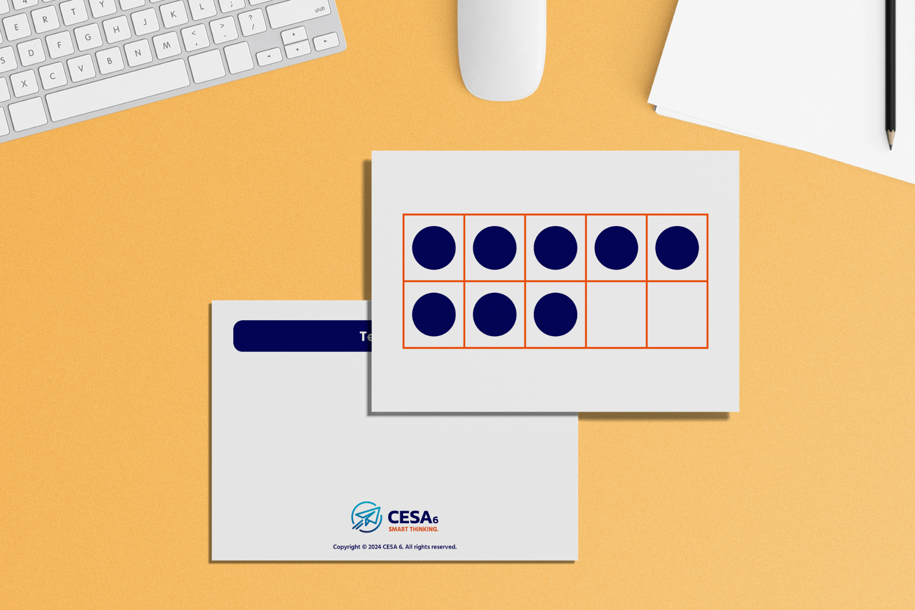 Educational flashcards featuring a ten-frame model for early math learning. The image displays a rectangular grid divided into ten equal sections, with seven of them containing dark blue circles, visually representing quantities to support counting, addition, and number sense development.