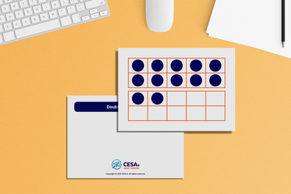 Educational flashcards featuring a double ten-frame model for early math learning. The image displays two rectangular grids, each divided into ten equal sections. The first frame is completely filled with dark blue circles, and the second frame has a few circles, visually representing quantities to support counting, addition, and number sense development.