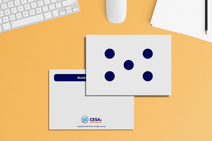 Set of subitizing cards designed for early math learners, featuring solid dot patterns representing numbers 1 through 5, used to develop number sense and quick quantity recognition.