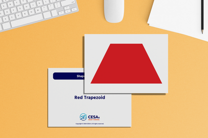 Set of educational flashcards featuring various shapes and colors, including a red trapezoid, designed to help students recognize geometric forms and enhance early math skills.