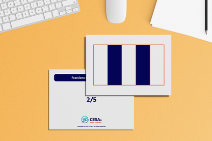 Set of educational flashcards displaying fractions divided vertically, with an example of 2/5, designed to support students in visualizing and understanding fractional parts and their relationships.