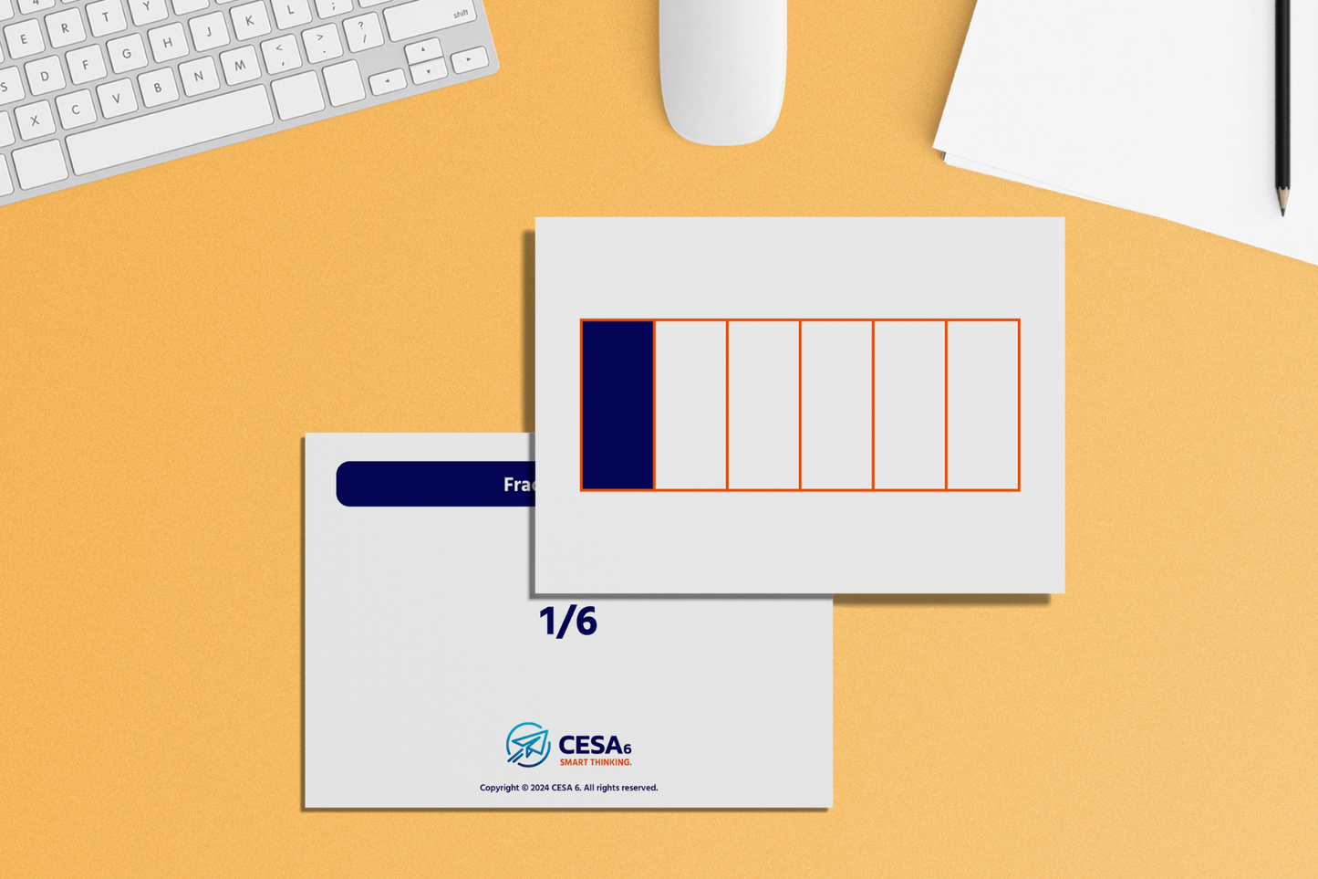 Educational flashcards featuring fraction bar models, visually representing the fraction 1/6 by shading one section of a six-part bar to aid in understanding fractional concepts.