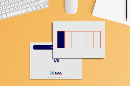 Educational flashcards featuring fraction bar models, visually representing the fraction 1/6 by shading one section of a six-part bar to aid in understanding fractional concepts.
