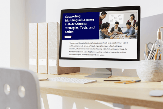 A computer screen on a desk displays an educational website titled "Supporting Multilingual Learners in K–12 Schools." The desk is tidy with office supplies.