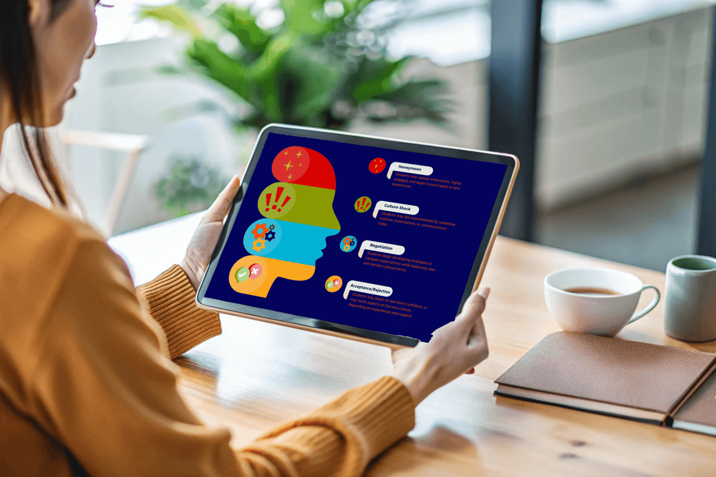 A woman views a tablet displaying a colorful infographic of a human head silhouette with icons and text bubbles, in a bright, modern setting with a coffee cup nearby.