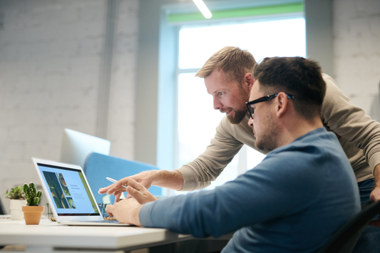 Two people collaborating in a modern office. One is seated and working on a laptop, while the other leans over, pointing at the screen. 