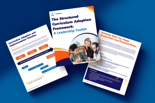 Three educational documents displayed on a blue background. The central document is titled 'The Structured Curriculum Adoption Framework: A Leadership Toolkit' with a cover image of three people collaborating. To the left is a page titled 'Curriculum Adoption and Implementation Timeline' with a flowchart. On the right is a page titled 'Knowing What You Need: Exploration and Planning Phase,' filled with text. The tone is informative and professional.