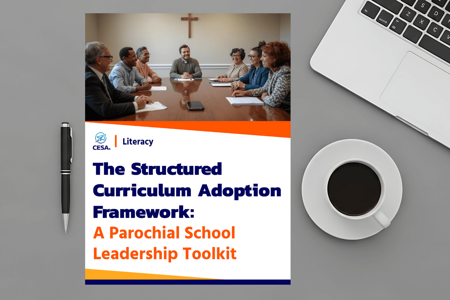 Cover of "The Structured Curriculum Adoption Framework" shows a diverse group in a meeting, featuring a cross, with coffee, laptop, and pen nearby.