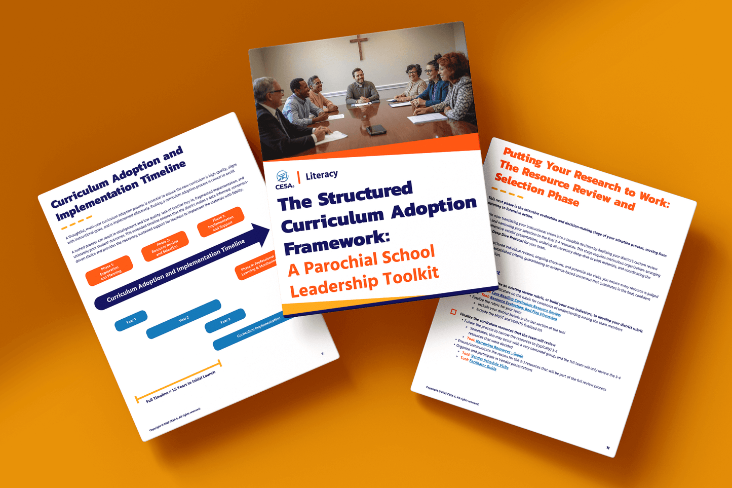 Three educational toolkit pages on an orange background. The center page shows a meeting scene above the title, "The Structured Curriculum Adoption Framework: A Parochial School Leadership Toolkit." The surrounding pages display process timelines and text about curriculum adoption.