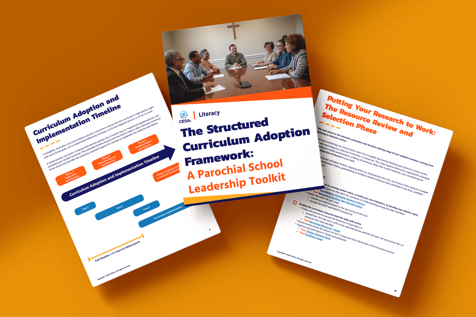 Three educational toolkit pages on an orange background. The center page shows a meeting scene above the title, "The Structured Curriculum Adoption Framework: A Parochial School Leadership Toolkit." The surrounding pages display process timelines and text about curriculum adoption.