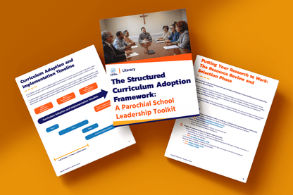 Three educational toolkit pages on an orange background. The center page shows a meeting scene above the title, "The Structured Curriculum Adoption Framework: A Parochial School Leadership Toolkit." The surrounding pages display process timelines and text about curriculum adoption.