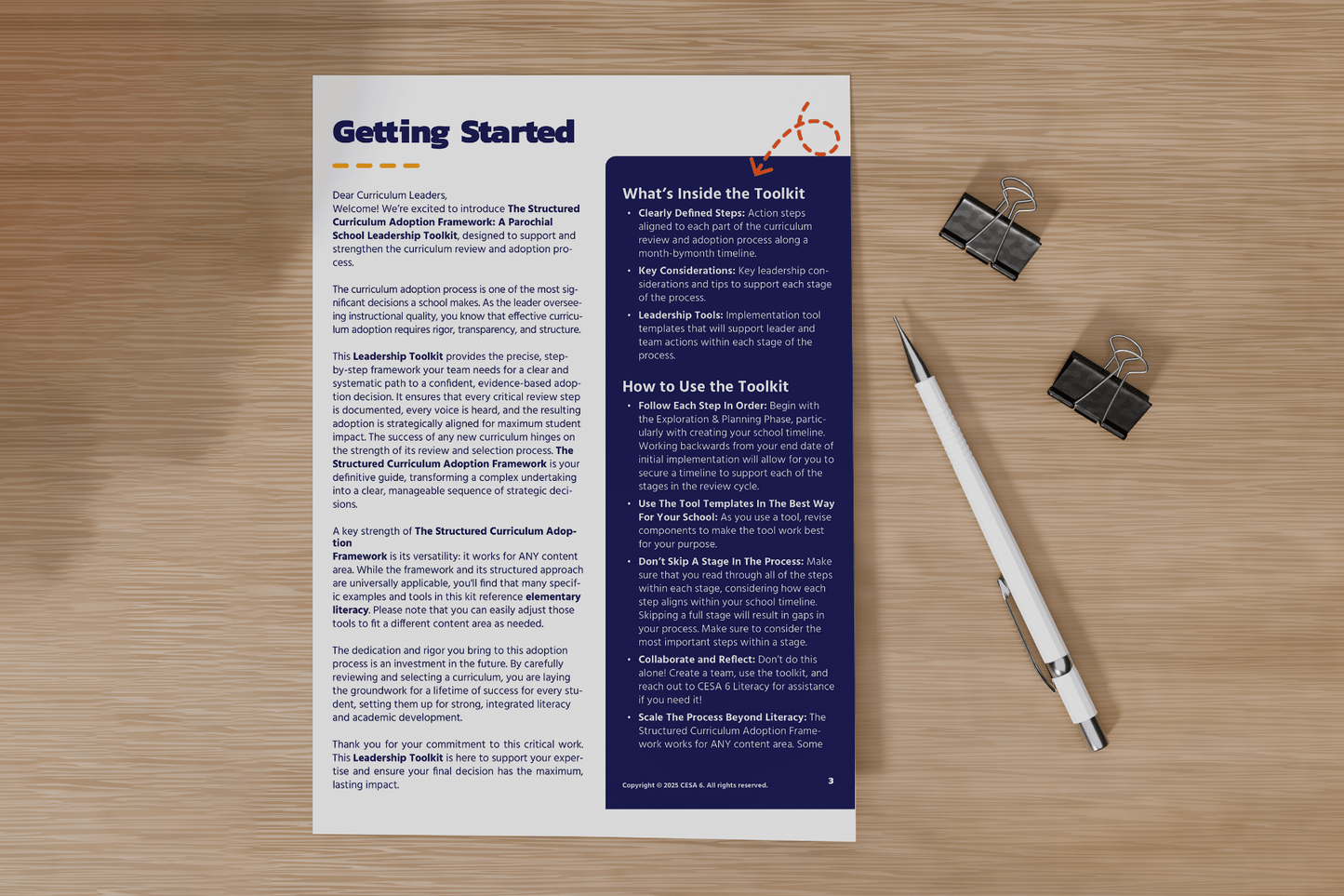 A "Getting Started" page on a wooden desk, featuring a pen and two binder clips. The page provides an introduction to a leadership toolkit, highlighting key contents and usage instructions, with sections titled "What’s Inside the Toolkit" and "How to Use the Toolkit." The layout is clean and organized, conveying a professional tone.