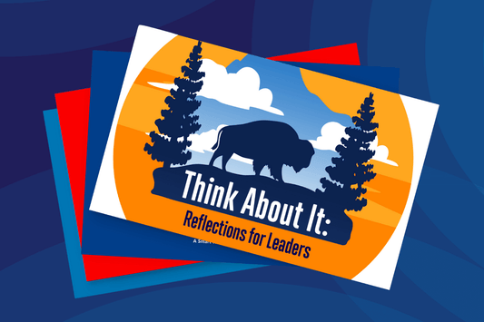 An illustration of a buffalo between two pine trees on an orange and blue background. Text reads, "Think About It: Reflections for Leaders." The design conveys strength and contemplation.