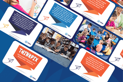 A collage featuring educational Thinkpix prompt cards and photos of children engaged in learning activities.