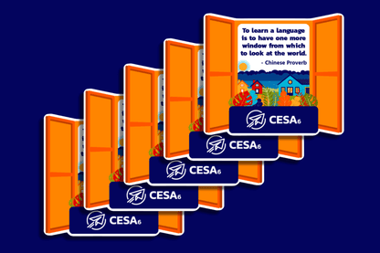A set of five identical stickers shows an open orange window revealing a scenic view of houses, trees, mountains, and the sun. The text inside the window reads, “To learn a language is to have one more window from which to look at the world. – Chinese Proverb,” with the CESA 6 logo below.