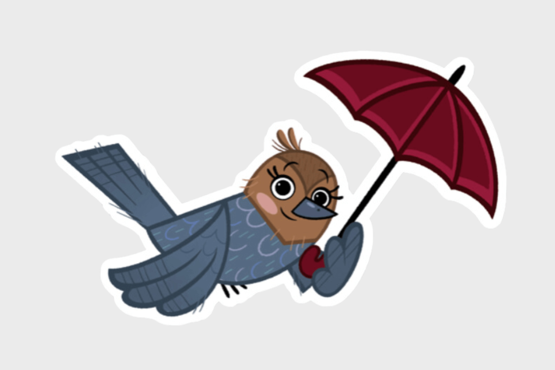 Sticker design featuring Tootsie the bird, a cheerful blue-gray bird with a brown face, large expressive eyes, and a small tuft of feathers on her head. She is holding a red umbrella with a black handle.