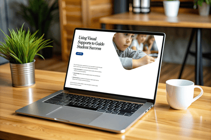 A laptop on a wooden desk displays a website titled "Using Visual Supports to Guide Student Success" with a young child in focus. The setting is calm and cozy, with a plant and coffee cup nearby.