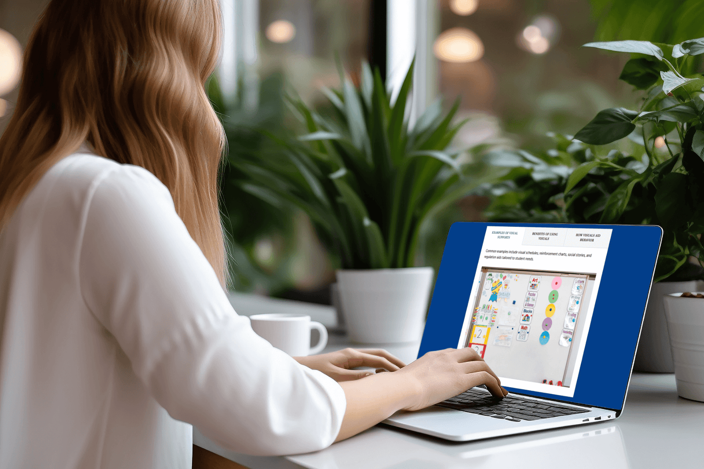 A woman with wavy hair works on a laptop at a desk with green plants. The screen displays colorful graphics. 