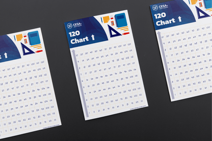 Three identical 120 charts on a dark surface, featuring numbers 1 to 120. Each chart has geometric shapes and bold blue, orange, and red accents.