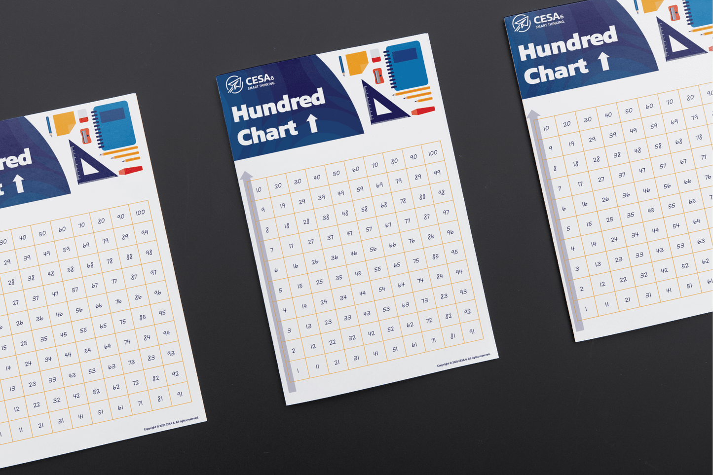 Three “Hundred Chart” posters are displayed on a black surface. Each chart shows numbers 1 to 100 arranged in a 10x10 grid, increasing from bottom to top in columns. The top banner has a dark blue background with the CESA 6 logo and illustrations of school supplies, including a notebook, ruler, and protractor. All charts are vertically oriented and identical in design.