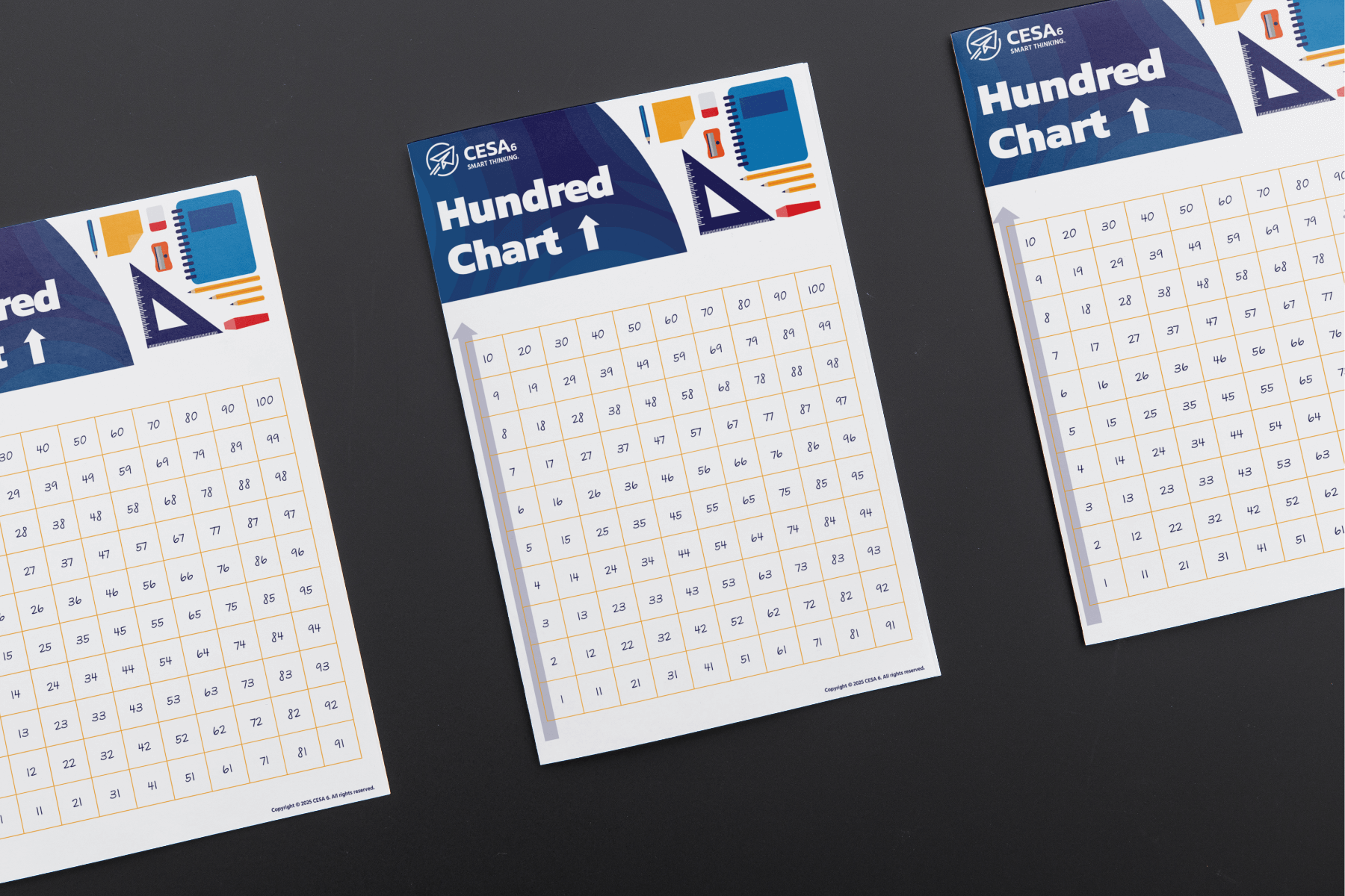 Three “Hundred Chart” posters are displayed on a black surface. Each chart shows numbers 1 to 100 arranged in a 10x10 grid, increasing from bottom to top in columns. The top banner has a dark blue background with the CESA 6 logo and illustrations of school supplies, including a notebook, ruler, and protractor. All charts are vertically oriented and identical in design.