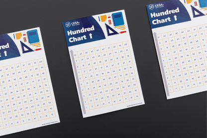Three “Hundred Chart” posters are displayed on a black surface. Each chart shows numbers 1 to 100 arranged in a 10x10 grid, increasing from bottom to top in columns. The top banner has a dark blue background with the CESA 6 logo and illustrations of school supplies, including a notebook, ruler, and protractor. All charts are vertically oriented and identical in design.