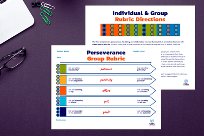 An educational rubric document designed for assessing perseverance in group learning. The rubric includes five key indicators: patience, positivity, effort, grit, and goals. It uses a visual scale system with color-coded circles to measure student engagement and collaboration. The document provides both individual and group rubric directions for evaluating learning behaviors in a structured manner.