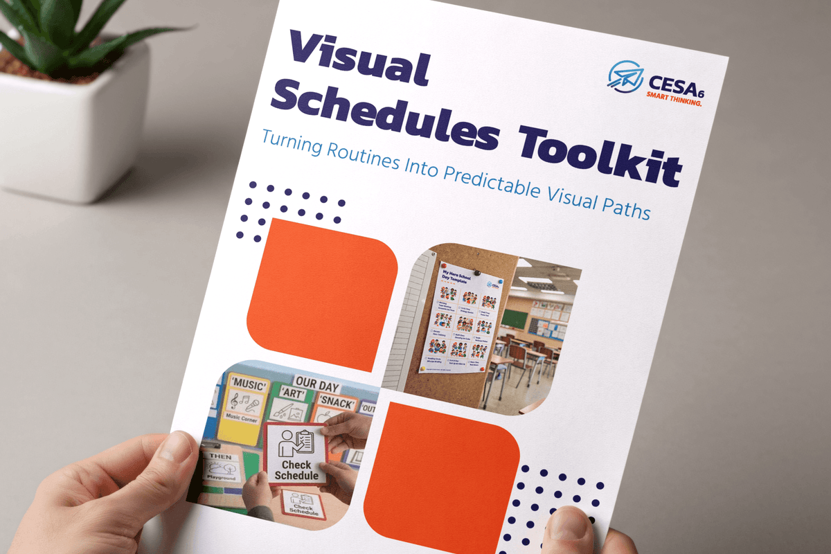 A hand holds a “Visual Schedules Toolkit” booklet featuring classroom routine cards, bold orange shapes, and a CESA logo, with a practical, organized feel.