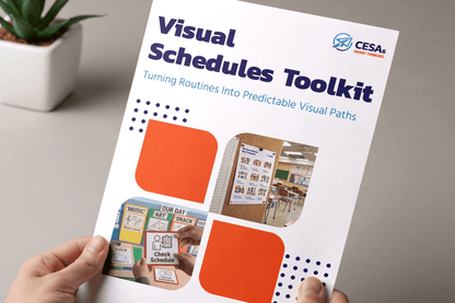 A hand holds a “Visual Schedules Toolkit” booklet featuring classroom routine cards, bold orange shapes, and a CESA logo, with a practical, organized feel.